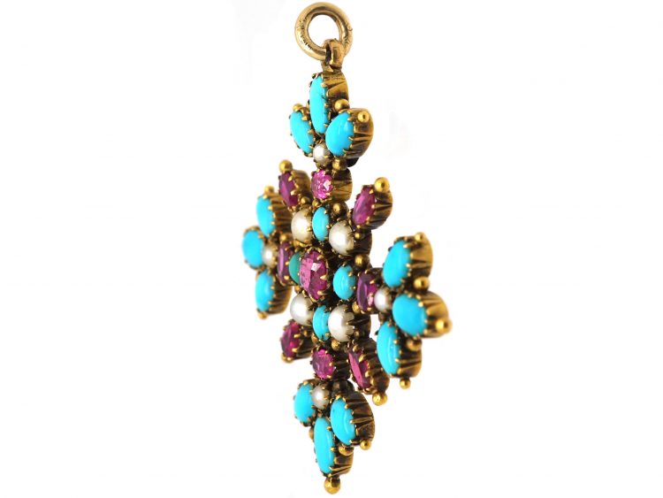 Georgian Ruby, Natural Split Pearl & Turquoise Pendant