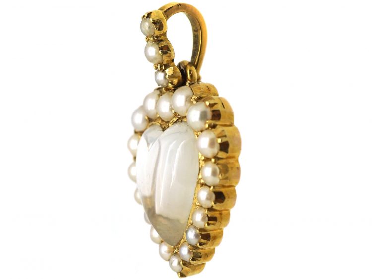 Edwardian 15ct Gold, Moonstone & Natural Split Pearl Heart Pendant