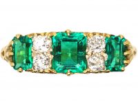 Victorian 18ct Gold, Emerald Three Stone Carved Half Hoop Ring with Diamonds In Between