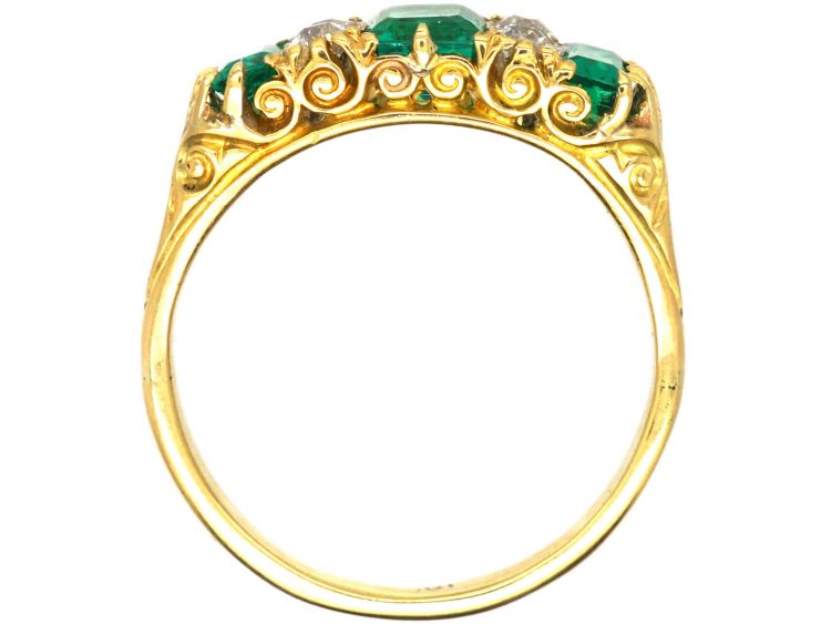 Victorian 18ct Gold, Emerald Three Stone Carved Half Hoop Ring with Diamonds In Between