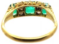 Victorian 18ct Gold, Emerald Three Stone Carved Half Hoop Ring with Diamonds In Between