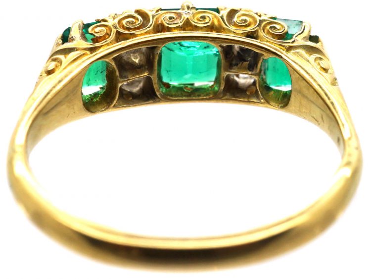 Victorian 18ct Gold, Emerald Three Stone Carved Half Hoop Ring with Diamonds In Between