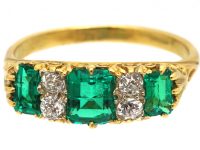 Victorian 18ct Gold, Emerald Three Stone Carved Half Hoop Ring with Diamonds In Between