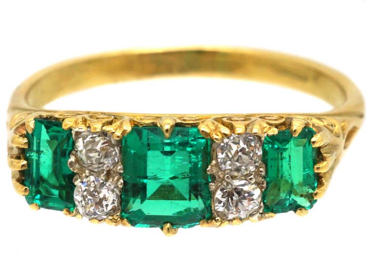 Victorian 18ct Gold, Emerald Three Stone Carved Half Hoop Ring with Diamonds In Between
