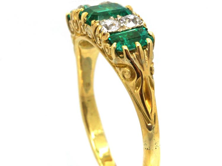 Victorian 18ct Gold, Emerald Three Stone Carved Half Hoop Ring with Diamonds In Between