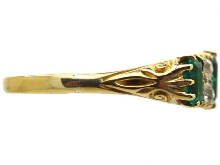 Victorian 18ct Gold, Emerald Three Stone Carved Half Hoop Ring with Diamonds In Between