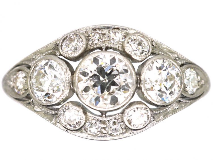 Early 20th Century 18ct White Gold, Three Stone Diamond Cluster Ring