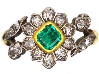 Georgian 18ct Gold & Silver Flower Ring set with an Emerald & Diamonds with Diamond Set Leaf Shoulders