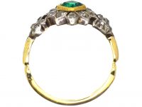 Georgian 18ct Gold & Silver Flower Ring set with an Emerald & Diamonds with Diamond Set Leaf Shoulders