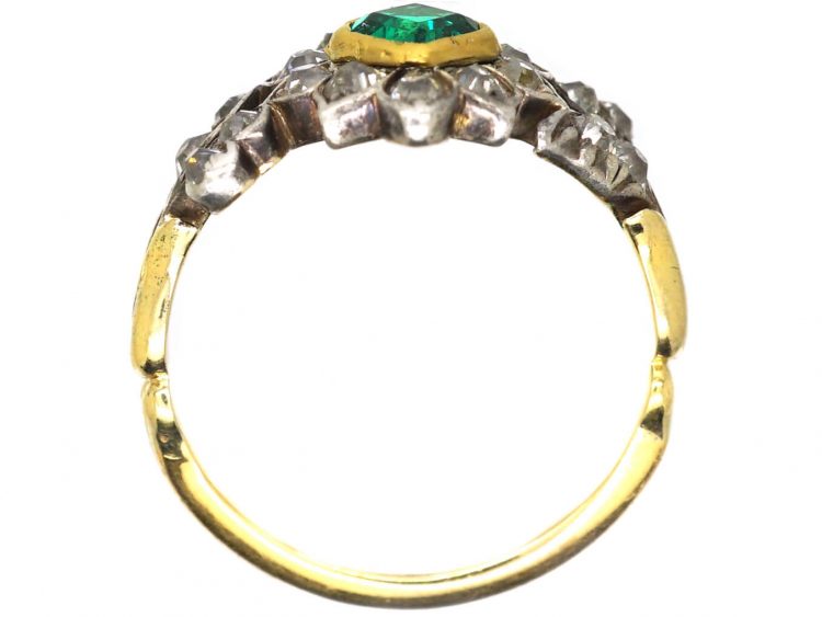 Georgian 18ct Gold & Silver Flower Ring set with an Emerald & Diamonds with Diamond Set Leaf Shoulders