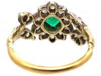 Georgian 18ct Gold & Silver Flower Ring set with an Emerald & Diamonds with Diamond Set Leaf Shoulders