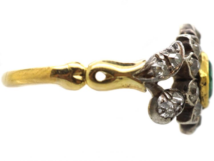 Georgian 18ct Gold & Silver Flower Ring set with an Emerald & Diamonds with Diamond Set Leaf Shoulders