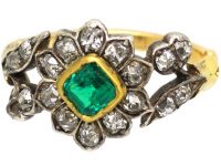Georgian 18ct Gold & Silver Flower Ring set with an Emerald & Diamonds with Diamond Set Leaf Shoulders