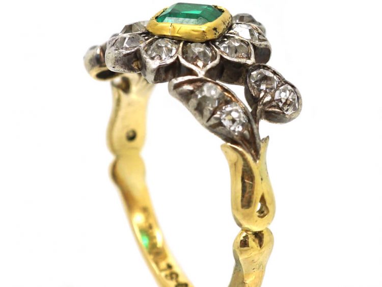 Georgian 18ct Gold & Silver Flower Ring set with an Emerald & Diamonds with Diamond Set Leaf Shoulders