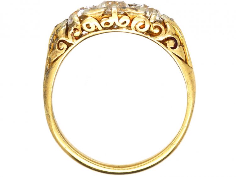 Victorian 18ct Gold, Three Stone Diamond Carved Half Hoop Ring