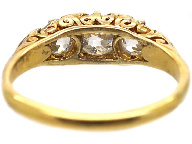 Victorian 18ct Gold, Three Stone Diamond Carved Half Hoop Ring