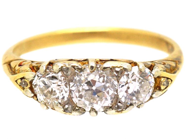 Victorian 18ct Gold, Three Stone Diamond Carved Half Hoop Ring