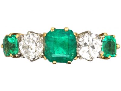 Edwardian 18ct Gold, Emerald & Diamond Five Stone Ring