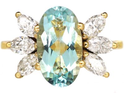 1950s 18ct Gold, Oval Cut Aquamarine & Marquise Diamond Ring