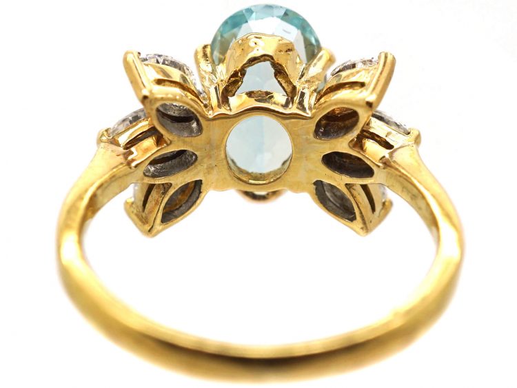 1950s 18ct Gold, Oval Cut Aquamarine & Marquise Diamond Ring