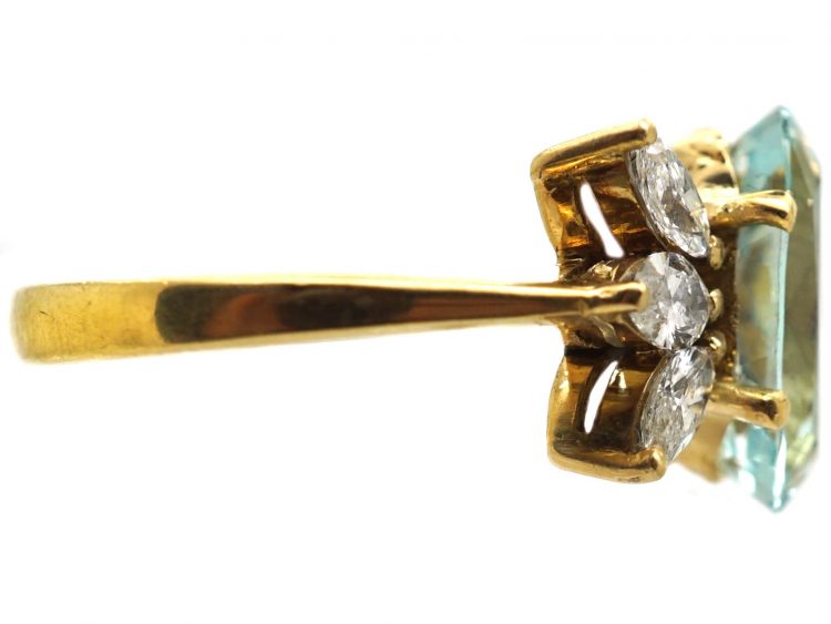 1950s 18ct Gold, Oval Cut Aquamarine & Marquise Diamond Ring
