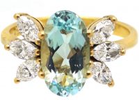 1950s 18ct Gold, Oval Cut Aquamarine & Marquise Diamond Ring