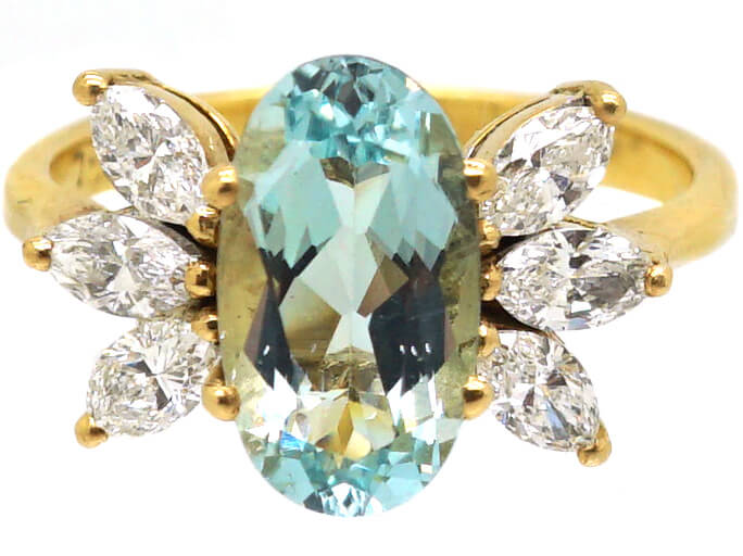 1950s 18ct Gold, Oval Cut Aquamarine & Marquise Diamond Ring