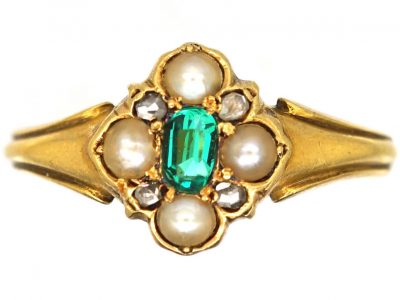 Early Victorian 18ct Gold, Emerald, Natural Split Pearl & Rose Diamond Ring