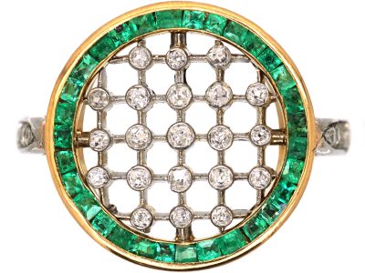 Early 20th Century 18ct Gold & Platinum, Emerald & Diamond Target Ring
