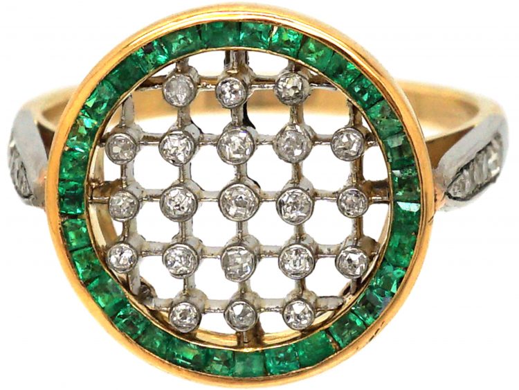Early 20th Century 18ct Gold & Platinum, Emerald & Diamond Target Ring