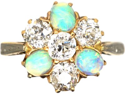 Edwardian 18ct Gold, Opal & Diamond Cluster Ring