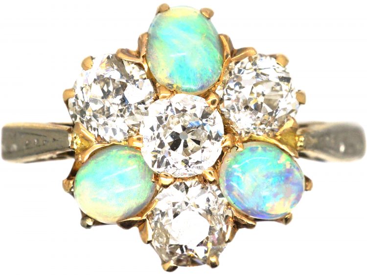 Edwardian 18ct Gold, Opal & Diamond Cluster Ring