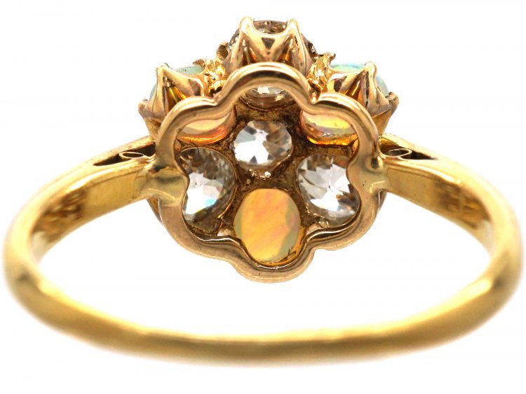 Edwardian 18ct Gold, Opal & Diamond Cluster Ring