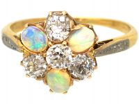 Edwardian 18ct Gold, Opal & Diamond Cluster Ring