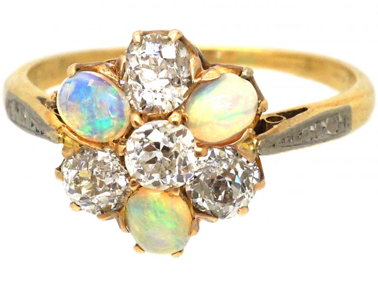 Edwardian 18ct Gold, Opal & Diamond Cluster Ring