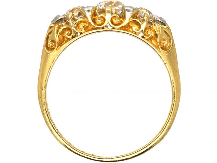 Edwardian 18ct Gold & Platinum, Three Stone Diamond Carved Half Hoop Ring