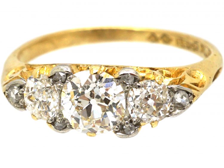 Edwardian 18ct Gold & Platinum, Three Stone Diamond Carved Half Hoop Ring