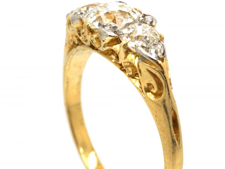 Edwardian 18ct Gold & Platinum, Three Stone Diamond Carved Half Hoop Ring