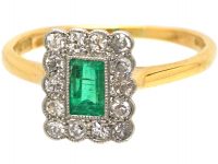 Early 20th Century 18ct Gold & Platinum, Emerald & Diamond Rectangular Shaped Ring