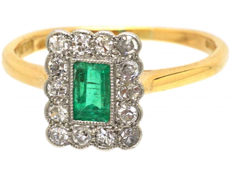 Early 20th Century 18ct Gold & Platinum, Emerald & Diamond Rectangular Shaped Ring