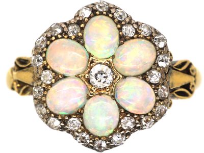 Edwardian 18ct Gold, Opal & Diamond Cluster Ring