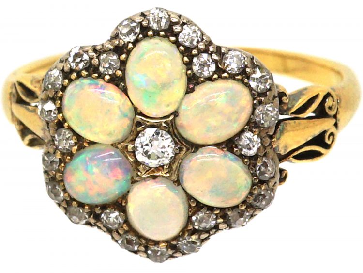 Edwardian 18ct Gold, Opal & Diamond Cluster Ring