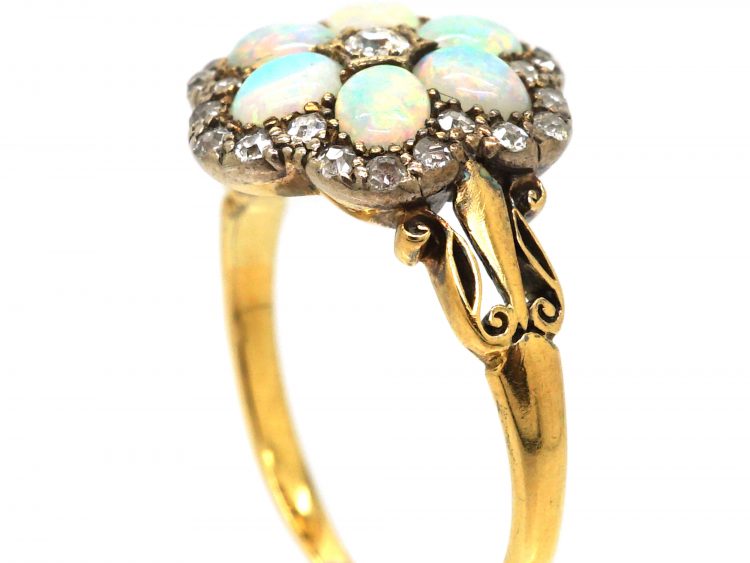 Edwardian 18ct Gold, Opal & Diamond Cluster Ring