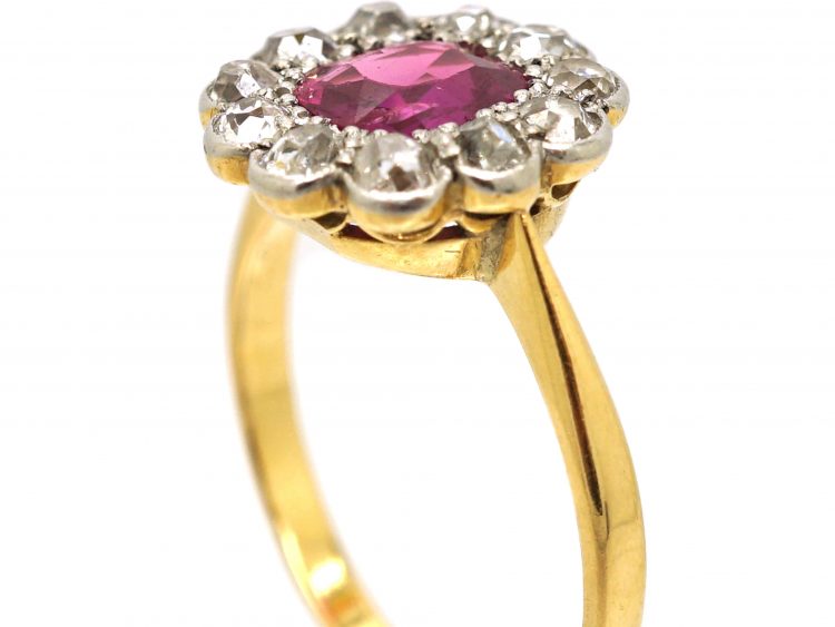 Edwardian 18ct Gold & Platinum, Burma Ruby & Diamond Cluster Ring