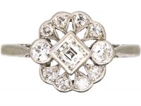 Edwardian Platinum, Diamond Cluster Ring with Square Diamond in the Centre