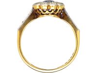 Edwardian 18ct Gold & Platinum, Sapphire & Diamond Cluster Ring with Angled Diamond Set Shoulders