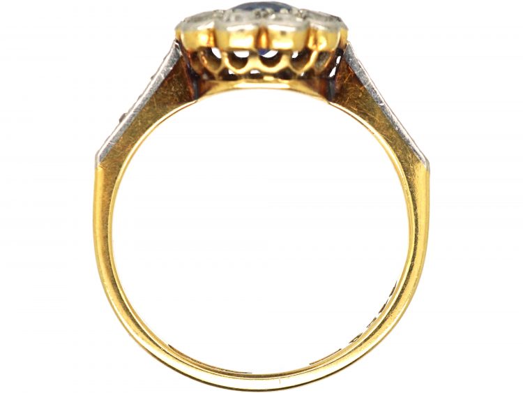Edwardian 18ct Gold & Platinum, Sapphire & Diamond Cluster Ring with Angled Diamond Set Shoulders