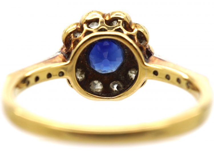 Edwardian 18ct Gold & Platinum, Sapphire & Diamond Cluster Ring with Angled Diamond Set Shoulders