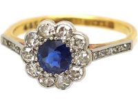 Edwardian 18ct Gold & Platinum, Sapphire & Diamond Cluster Ring with Angled Diamond Set Shoulders
