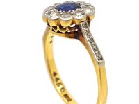 Edwardian 18ct Gold & Platinum, Sapphire & Diamond Cluster Ring with Angled Diamond Set Shoulders